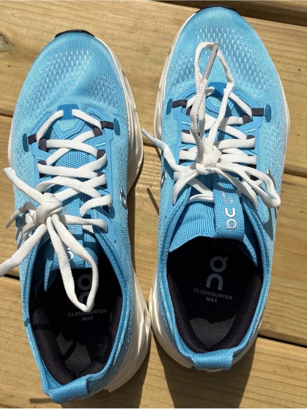 On Running Cloudsurfer Max Athletic Shoes in Light Blue and White